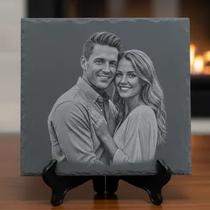 Personalized laser-engraved photo on natural slate