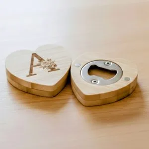 custom engraved wooden heart magnet & bottle opener